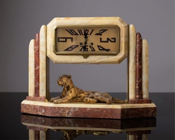 Onyx, Marble, and Bronze Art Deco Clock, 3 Piece Garniture with Panther c. 1925