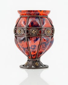 Art Deco Signed André Delatte Nancy Marbled Art Glass Vase with Bronze Mount, Circa 1920