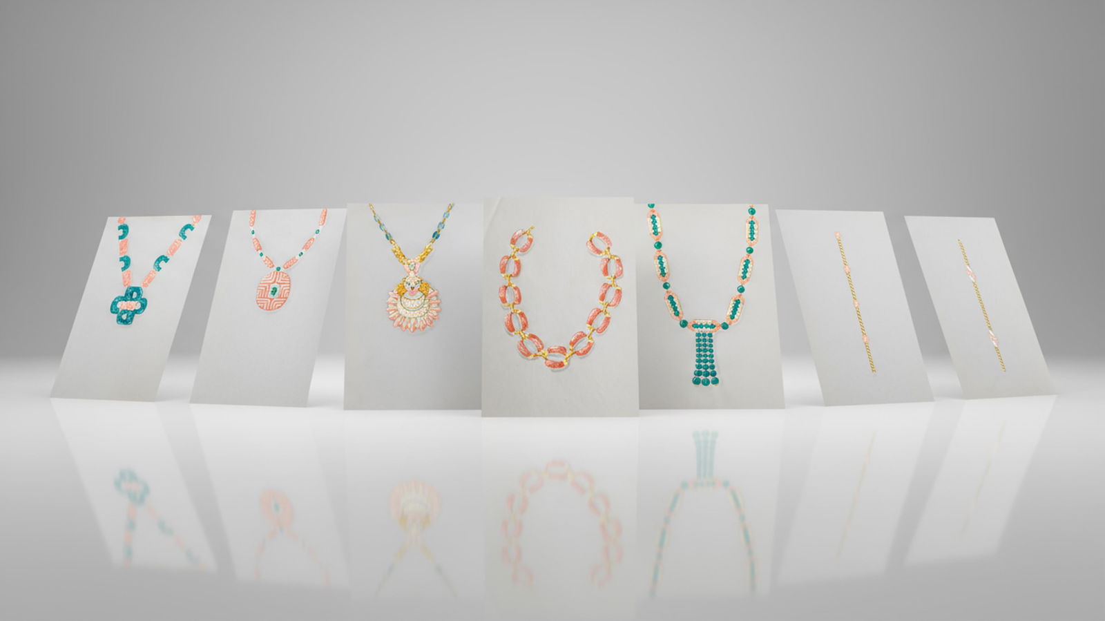 Art Deco Original Jewelry Designs, Set Of 7 Handpainted Gouaches: Keywords: Art Deco, Bauhaus Movement, Mid-Century Modern, Modernist Jewelry, Machine Age Design, Streamline Moderne, Rene Lalique style, Jean Despres style, Suzanne Belperron style, gouache on tracing