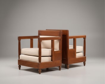 Pair of French 1940s Mahogany Armchairs with Taupe Upholstery