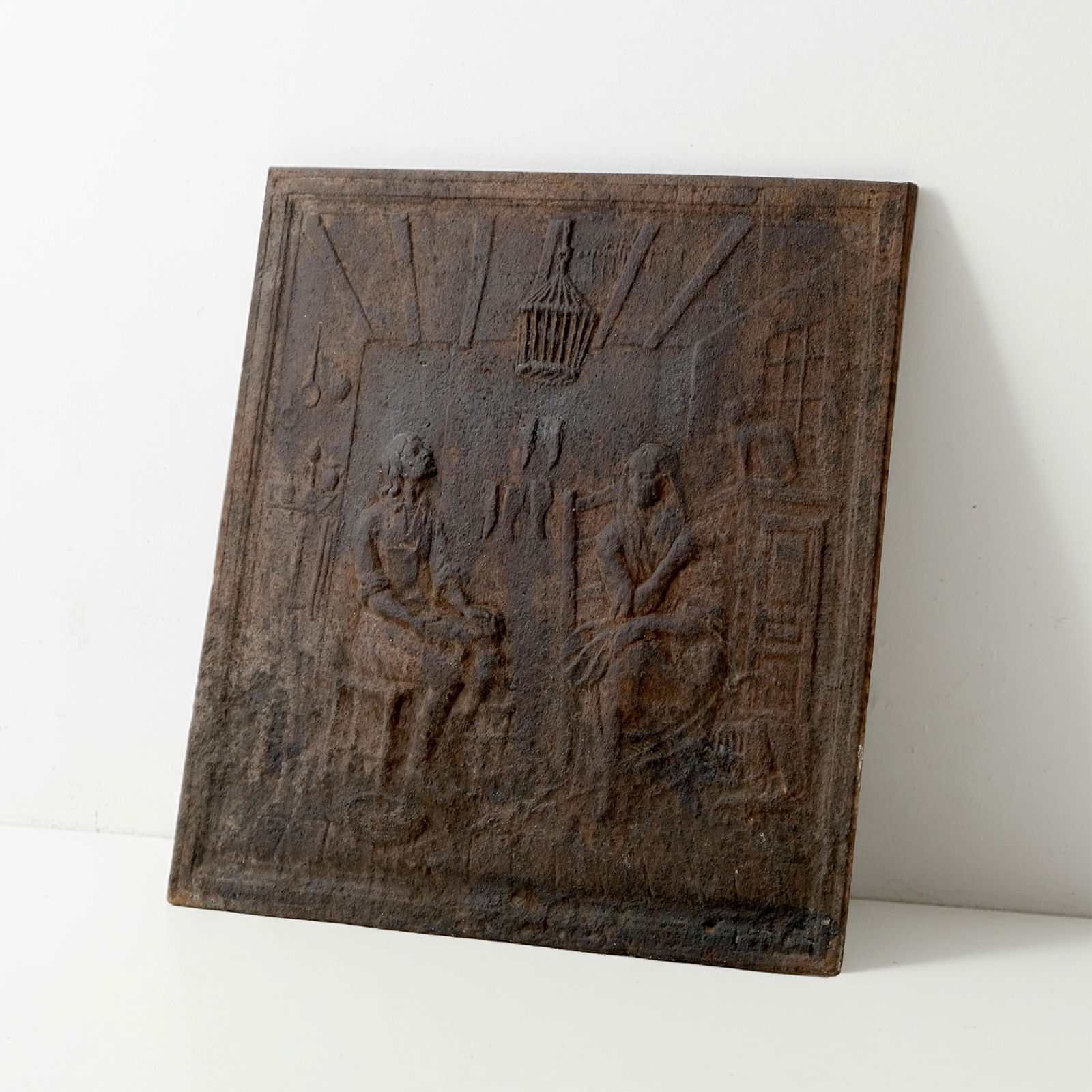 Cast-Iron French Fireback with Two Figures in an Interior Scene, 18th Century (1 of 10)