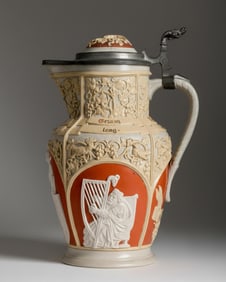 Villeroy & Boch Mettlach Stoneware Relief Jug with Pewter Lid, Circa 1890