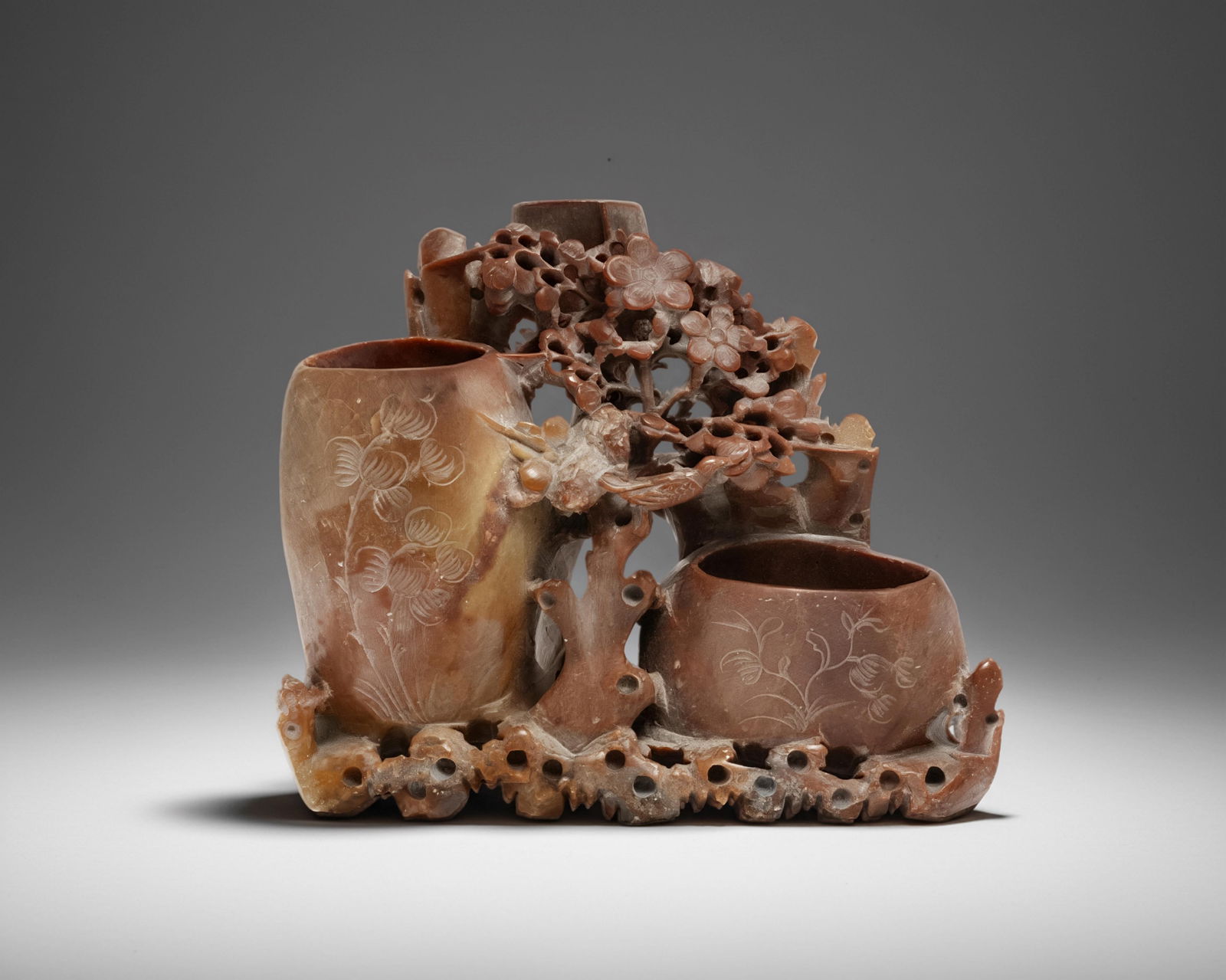 Chinese Carved Soapstone Double Vase with Pierced Floral Motif, Mid 20th Century (1 of 14)