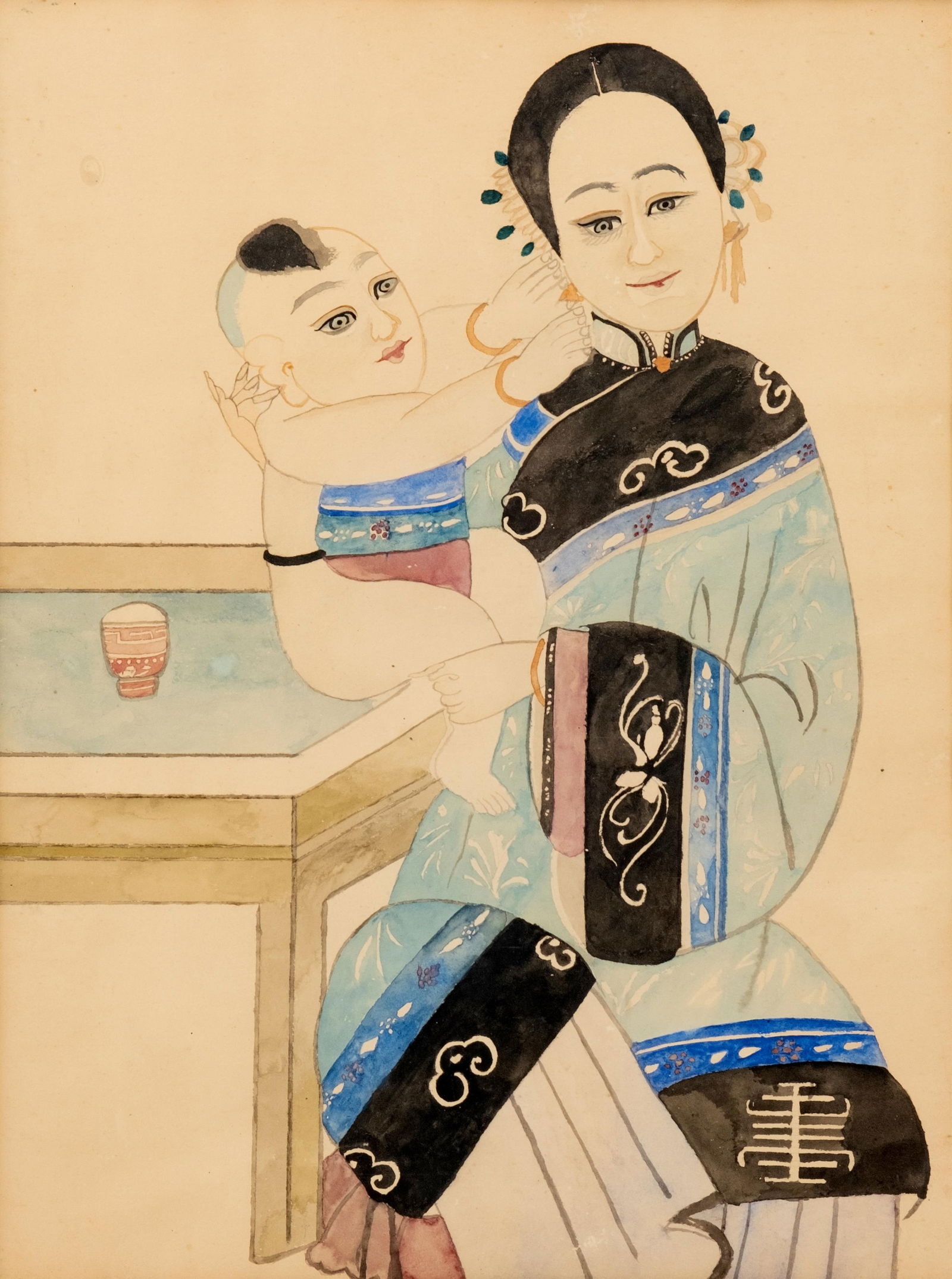 Chinese Export Watercolor Painting Mother and Child, Late Qing Dynasty (1 of 6)