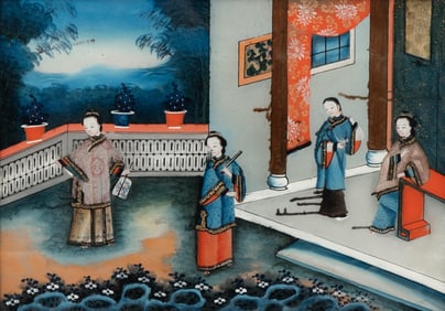 Chinese Export, Reverse Glass Painting, Palace Scene with Figures Export Frame 19th century