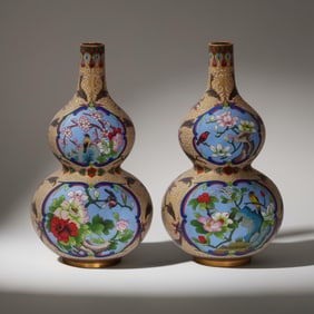 Chinese Cloisonne Pair of Double Gourd Vases Decorated with Flowers and Birds in Reserves