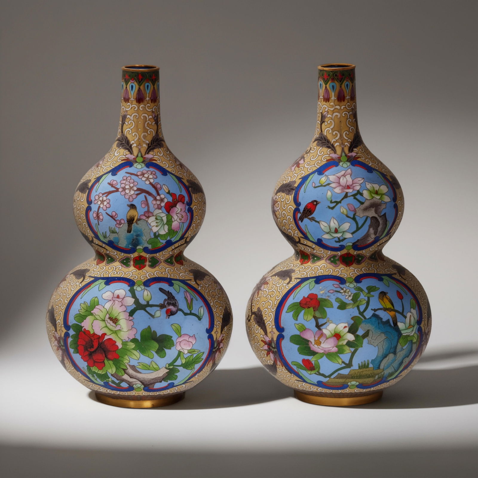 Chinese Cloisonne Pair of Double Gourd Vases Decorated with Flowers and Birds in Reserves (1 of 12)