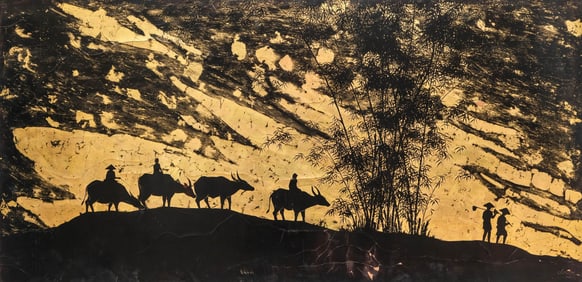 Do Con (Vietnamese, 20th C.) Signed Black & Gold Lacquer Painting on Panel, Herdsmen in Landscape