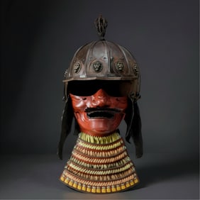 Antique Japanese Samurai Helmet in Bronze and Mixed Metals with Lacquered Facial Armor, Meiji Period
