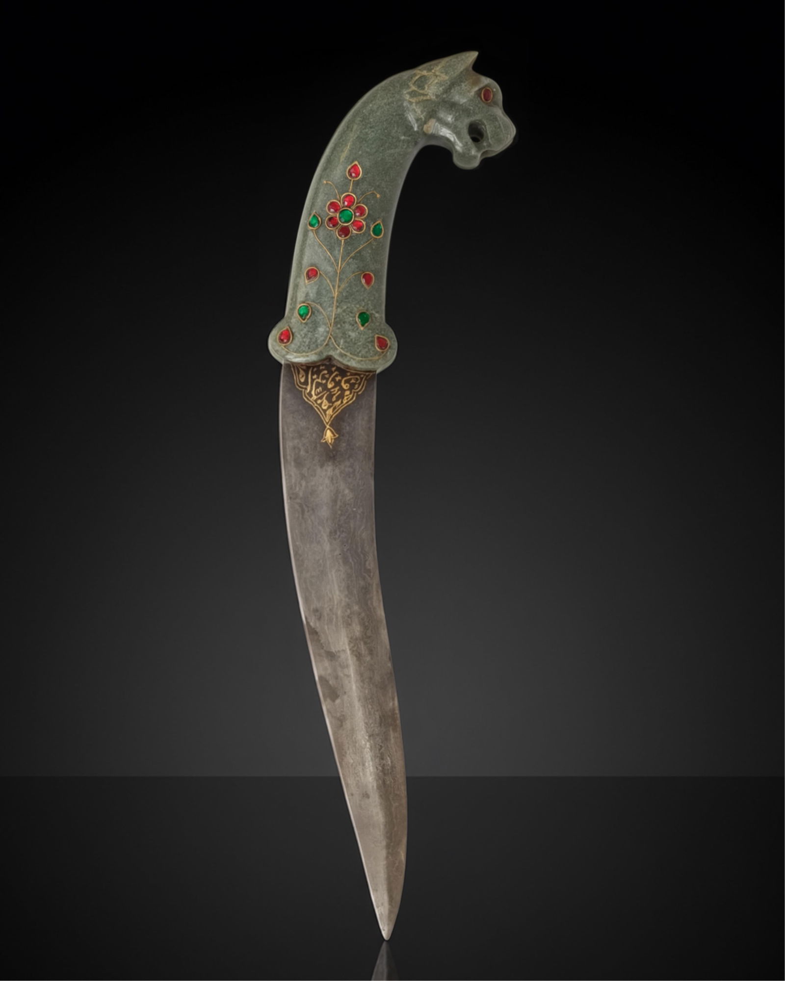 Mughal Antique Dagger of Green Nephrite Jade, Set with Gems and Tiger Head Pommel: Keywords: Mughal Empire, Indo-Persian Arms, Rajputana Courtly Art, Islamic Decorative Arts, Deccan Sultanate Influence, 18th Century Weaponry, Mughal style, Persian style, Rajput style, nephrite jade,