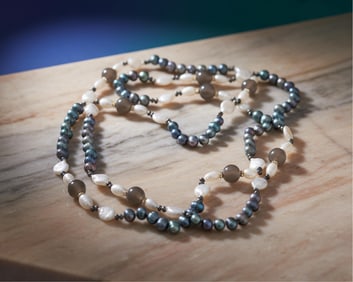 Necklace Tahitian Freshwater Cultured Pearls with Coin Freshwater Pearls and Smoky Gray Marble