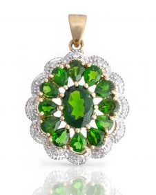 Emerald Chrome Diopside Gemstone and Diamond 14K Gold Pendant