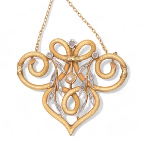 Diamond, Pearl, and 18K French Gold Pendant Necklace, Circa 1910