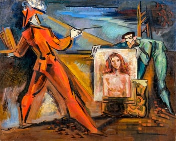 Albert Flocon Double-Sided Cubist Oil on Canvas Painting, Harlequin and Female Portrait, Circa 1940