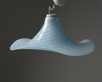 Murano, Flared Suspension Light with Blue and White Filigree Art Glass, Circa 1970