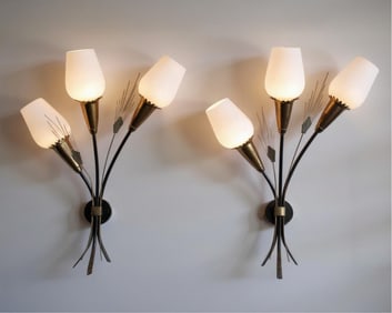 Pair of French Mid-Century Modern Wall Lighting Brass and Milk Glass Sconces, Circa 1960