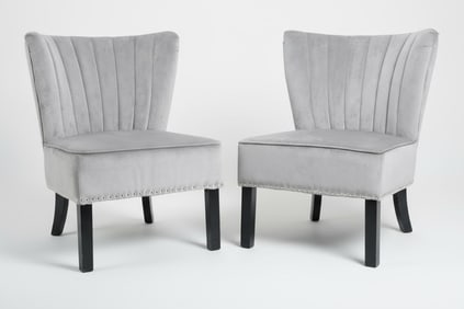 Pair of Mid-Century Modern Style Gray Channel-Back Lounge Chairs