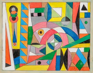 Rolph Scarlett Futurist Geometric Pastel, Gouache, and Crayon Painting on Paper, Signed