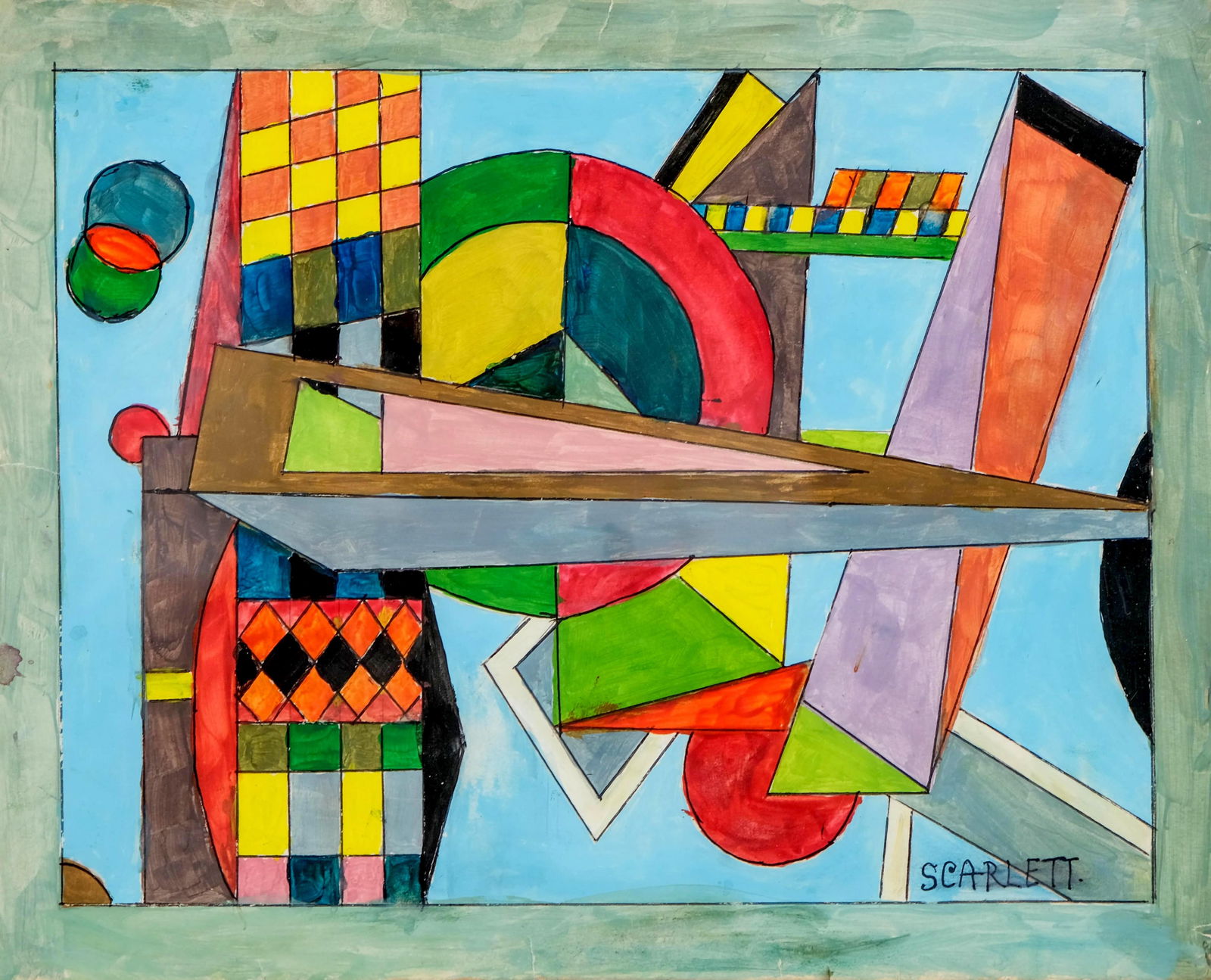 Rolph Scarlett Futurist Geometric Pastel, Gouache and Crayon Painting on Paper, Signed: Keywords: Futurism, Bauhaus, Constructivism, De Stijl, Modernism, Abstract Expressionism, Wassily Kandinsky style, Sonia Delaunay style, Paul Klee style, gouache and crayon on paper, 20th century, geo