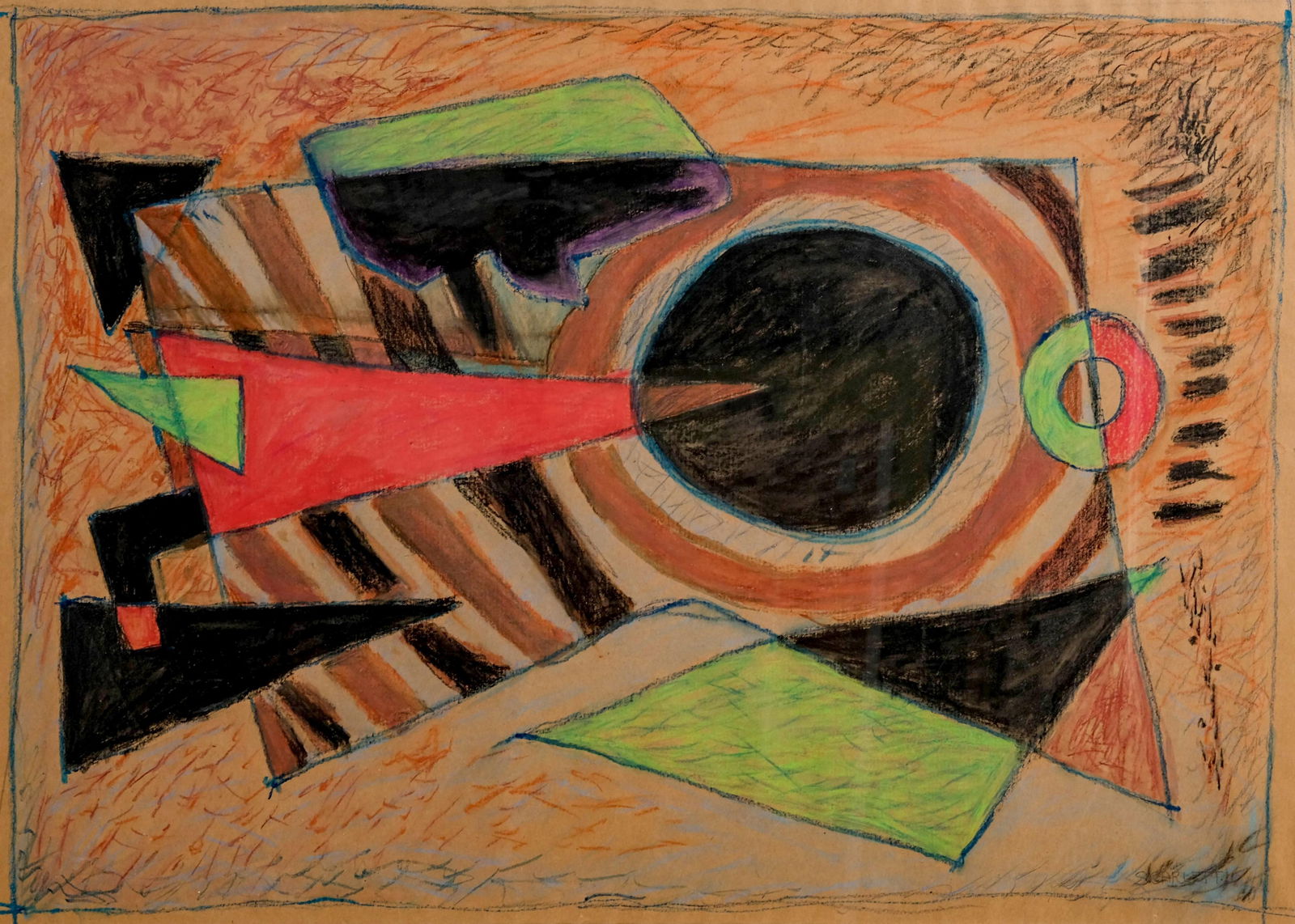 Rolph Scarlett Signed Large Futurist Geometric Pastel and Crayon Painting on Paper, signed: Keywords: Cubism, Futurism, Bauhaus, De Stijl, Abstract Expressionism, Constructivism, Wassily Kandinsky style, Paul Klee style, Sonia Delaunay style, paper, 20th century, geometric abstraction, hard-