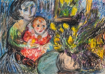 Emilio Grau Sala Pastel on Paper Painting, Maternity Scene, Signed, 20th Century