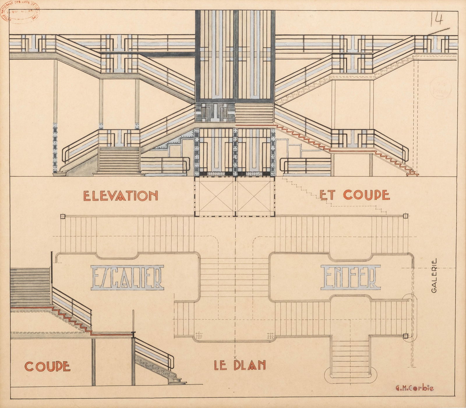 Signed Corbie Architectural Drawing, Likely Bon Marche, France (1 of 16)