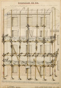 Signed Ink and Wash Architectural Study Scaffolding on Paris Street, signed and identified