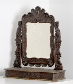 Hand-Carved Oak Americana Folk Art Dressing Mirror with Drawer, 32"