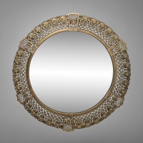 Antique Ornate Bronze Mirror, Circa 1890, 34-in Diameter