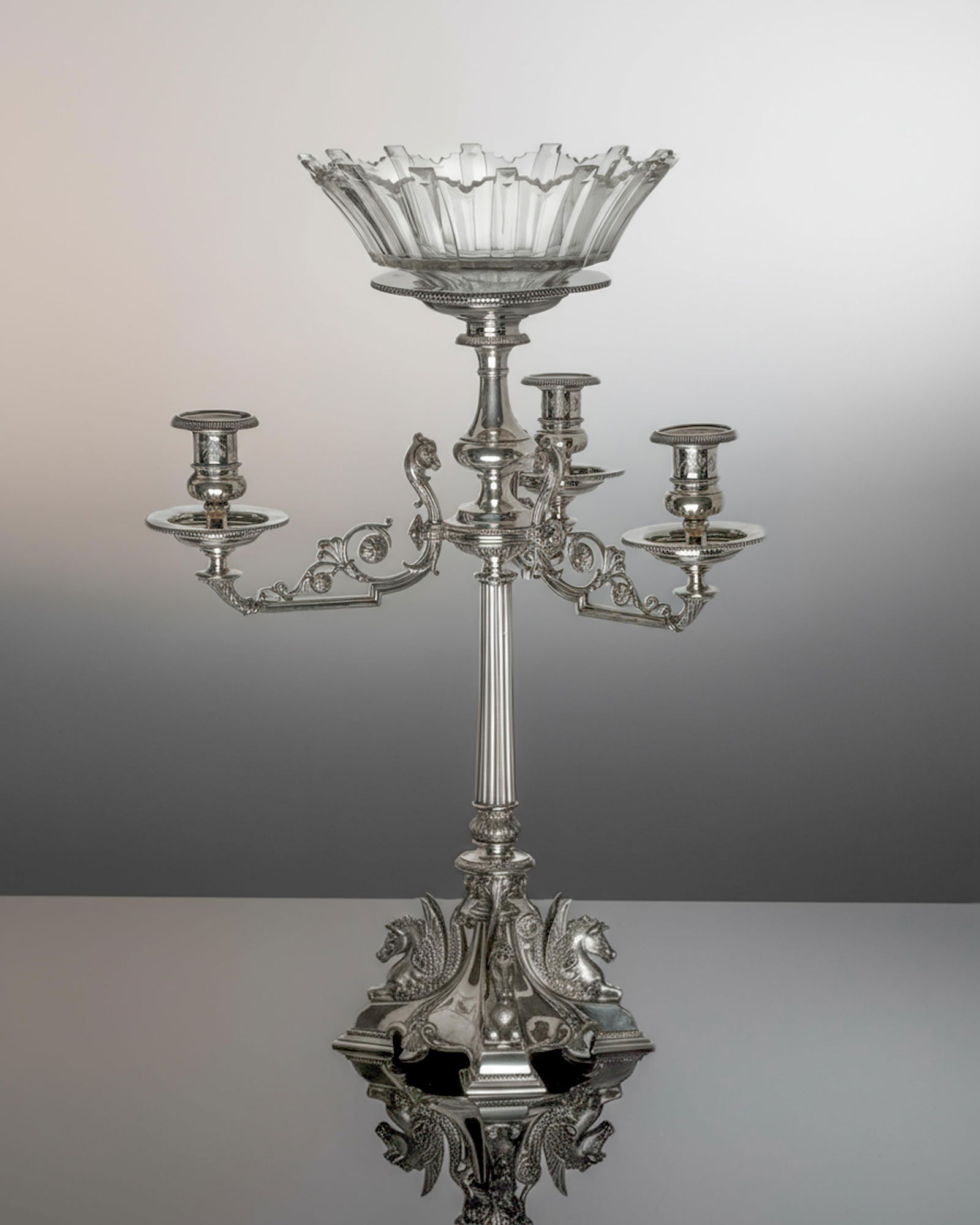 Samuel Strahan of London Sterling Silver Table Centerpiece 19th Century 3,480grams: Keywords: Fine Silver, British Goldsmith, 19th Century Silversmith, Formal Dining Accessories, Mythological Creatures, Pegasus, Dragons, Rams Head decoration, Elegant Table AccessoriesMuseum Woirthy S