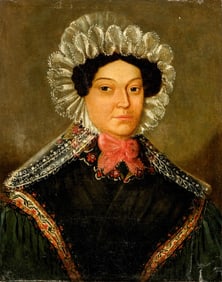 Early 19th Century Continental School Oil on Canvas Portrait Painting of a Woman in Lace Bonnet