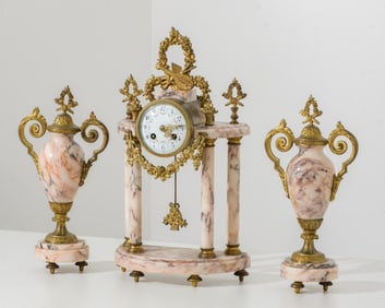 Louis XVI 19th Century Fireplace Mantle Clock Garniture in Pink Marble and Bronze