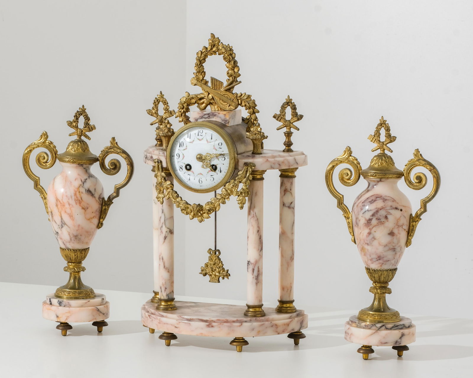 Louis XVI 19th Century Fireplace Mantle Clock Garniture in Pink Marble and Bronze (1 of 12)
