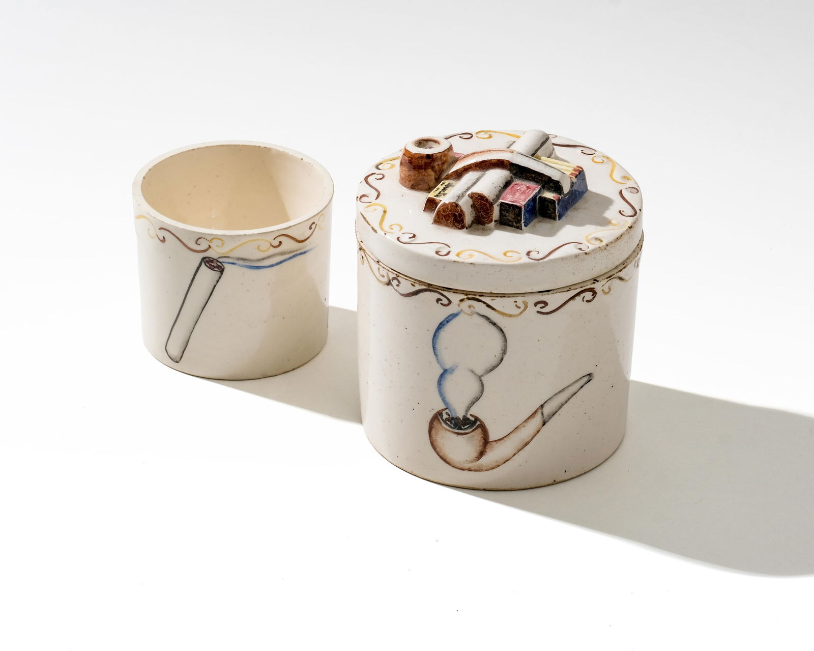 Signed Sonia Delaunay and Jean Patou for Pobery Attributed, Tobacco Jar and Ashtray: Keywords: industrial design, art pottery, modernist ceramics, orphism, geometric artwork, orphic cubism, surrealism, pop art, Fernand Leger style. cubist influence, post war contemporary art, modernis