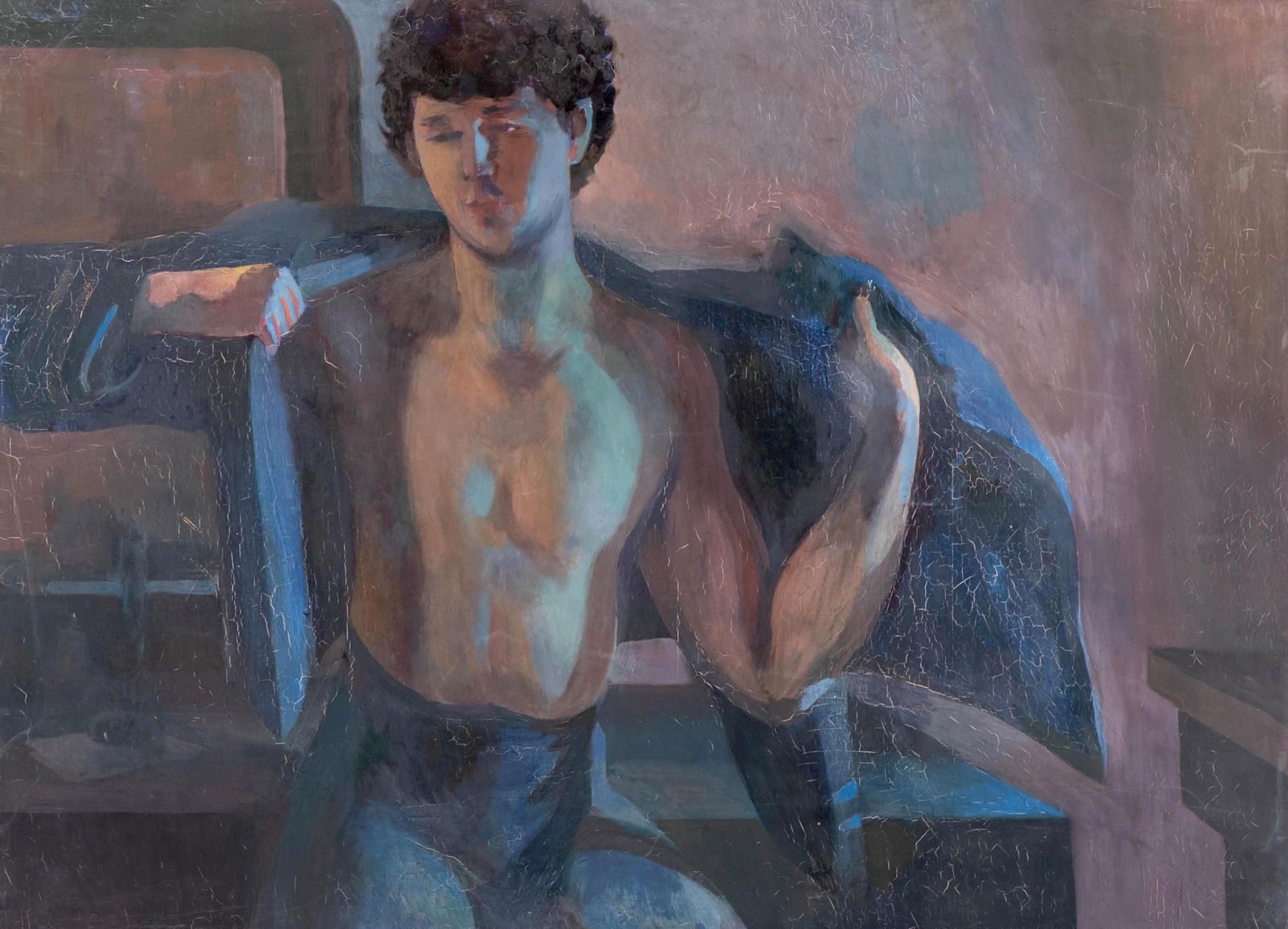Bernadette Kelly Signed, Young Man Sitting (Blue Tones), Oil on Canvas Painting: Keywords: Modernist movement, Postwar figurative art, Expressionist influence, School of Paris painting, Abstract realism, Contemporary portraiture, Pablo Picasso style, Francis Bacon style, Bernard B