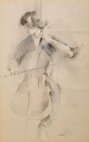 Bernadette Kelly Signed The Cellist, Mixed Media on Paper Painting