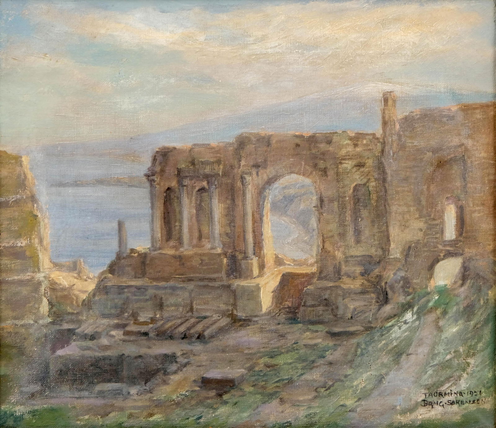 Signed Michael Bang-Sorensen, "The Ruins, " Oil on Canvas Painting, 1921 Greek Theatre Taormina (1 of 12)
