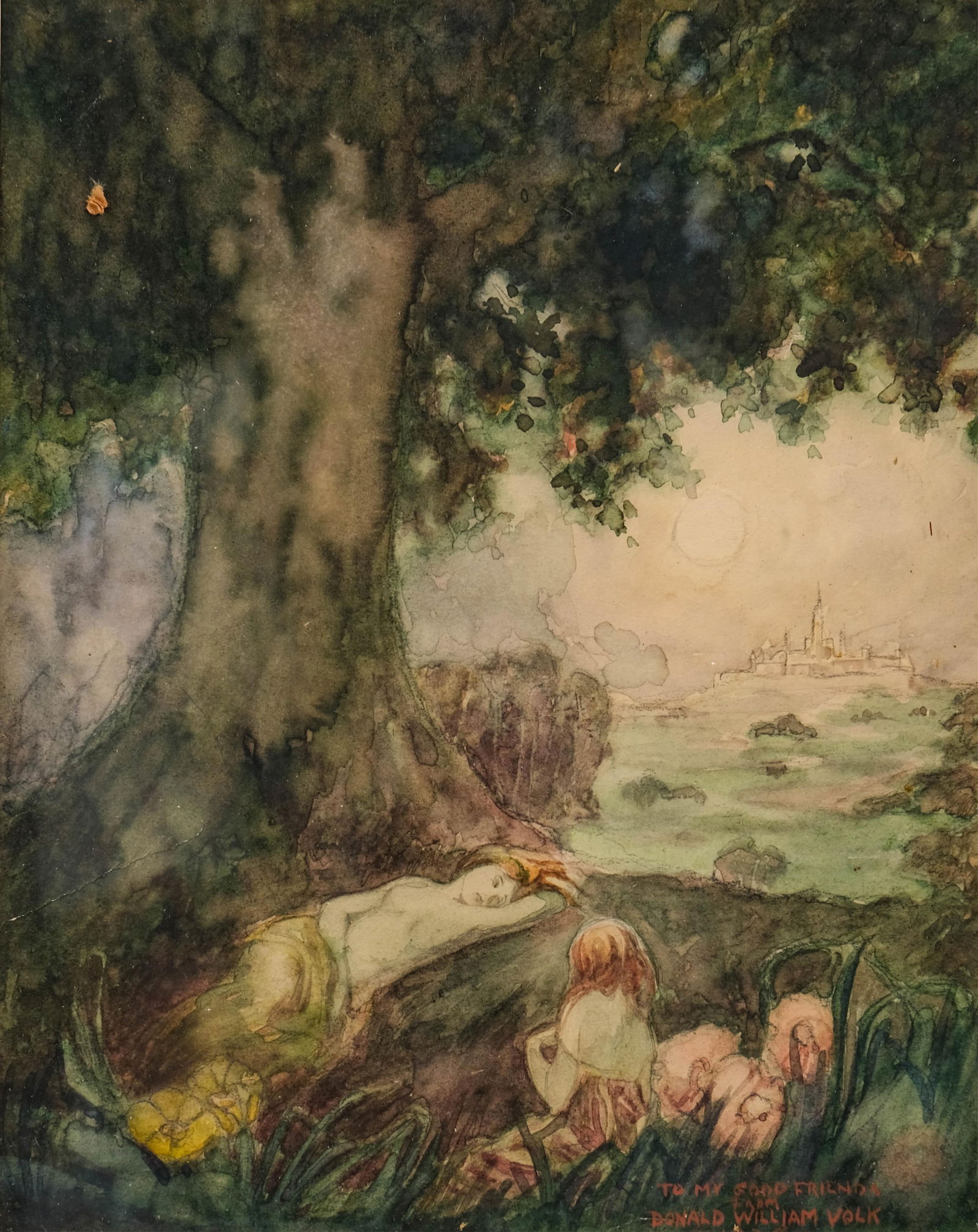 Signed Donald William Volk Inscribed Fantasy Watercolor Painting, Dated 1928: Keywords: Art Nouveau, Symbolism, Romanticism, Early 20th century illustration, Fantasy art movement, Storybook art, Jugendstil influence, Arthur Rackham style, Edmund Dulac style, Kay Nielsen style,
