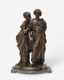 Hippolyte Francois Moreau, Signed Orpheus and Eurydice, Patinated 16-in Bronze Sculpture