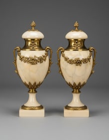 Pair of French Neoclassical Onyx and Gilt Bronze Cassolette Urns, 19th Century