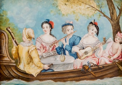 18th Century Venetian School, Musical Gathering on a Boat, Tempera and Watercolor on Paper Painting