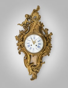 Cartel French Wall Clock in Baroque Style, Bronze, Enamel Face Dial Sun Pendulum, 19th Century