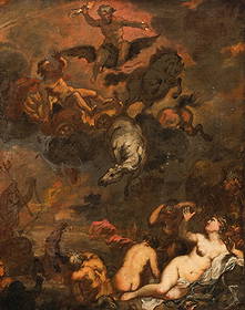 Alessandro Marchesini Italy, Late 17th Century, Oil Painting on Canvas The Fall of Phaethon: Keywords: Zeus, Greek Mythology, old master works, Allegorical Themes, 1600's painting, Rococo ArtworkImportant Work: Alessandro Marchesini (April 30, 1664, Verona - January 27, 1738, Verona). *The Fa