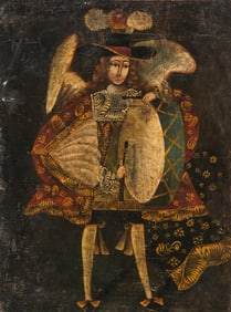 Cuzco School, Archangel with Drum, Oil on Canvas Painting 18th century