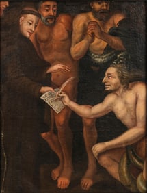 Spanish Colonial School Conversion of the Inca Chief Oil on Canvas History Painting, Circa 16501670