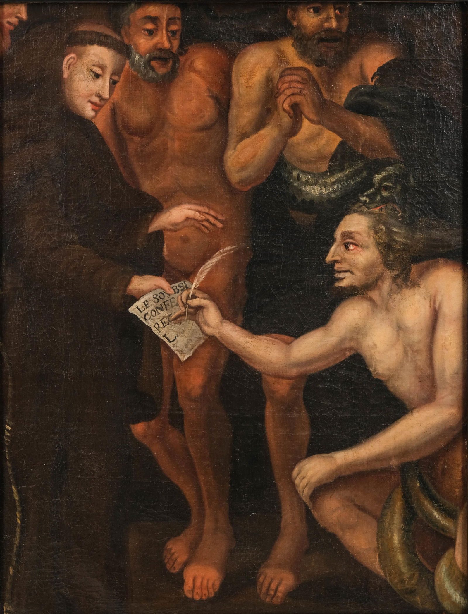 Spanish Colonial School Conversion of the Inca Chief Oil on Canvas History Painting, Circa 16501670: Keywords: Historical Painting, Colonial Expansion, Spanish Empire, Christianity, Monks, Catholic Faith, Indigenous People, Spain Conquest, South AmericaImportant 17th-century Spanish Colonial School o