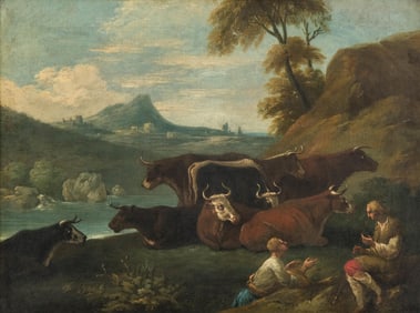 Mystery Artist: German-Austrian School, 18th Century, Drover With Cattle by Water, Oil on Canvas