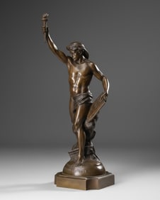 Emile Louis Picault "Science Enlightening the World" Antique 28" Bronze Sculpture, Signed