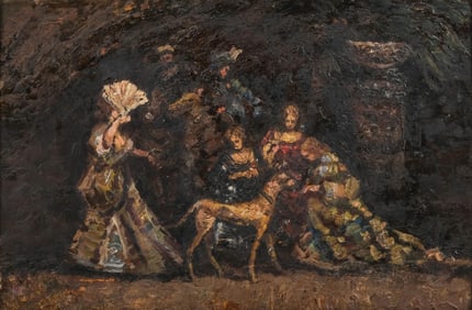 Monticelli, Women in a Park Oil on Panel Painting