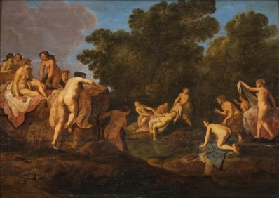 Cornelis Van Poelenburgh, "Bathing Nymphs", Monogram Signed Oil Painting On Oak Panel, 1600's